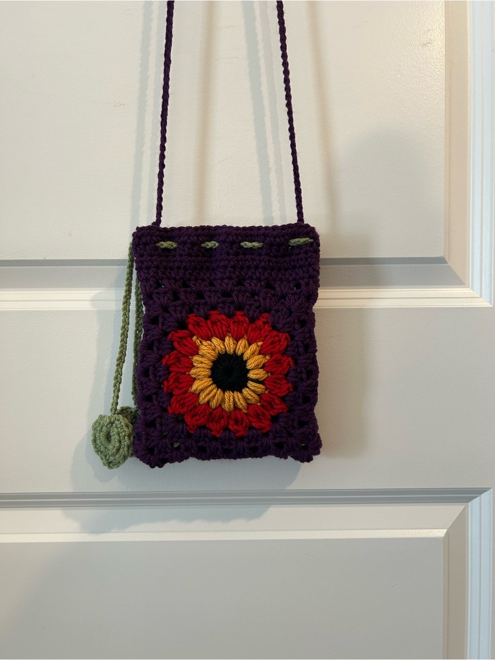 Handmade Purple Crochet Crossbody Bag with Sunflower Accent